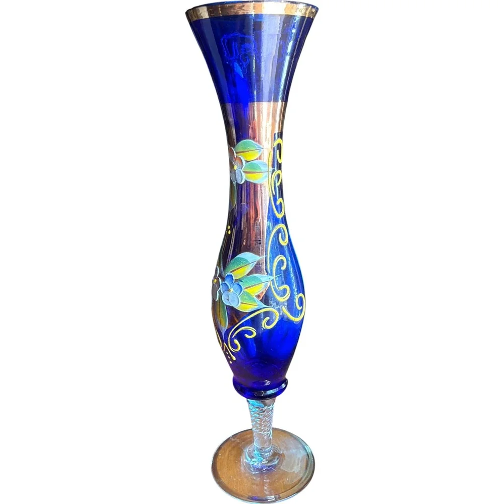 Vintage Cobalt Blue Glass Bud Vase Hand Painted Floral Gold Trim Murano Style